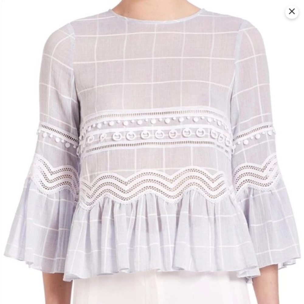 Jonathan Simkhai Light Blue Plaid Print Bateau Neckline Blouse Embroidered XS
